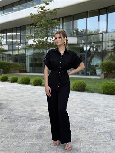 Siyah Duble Kol Gömlek Pantolon Keten Kadın İkili Takım