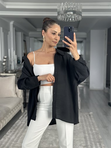 Siyah Düşük Omuzlu Oversize Kadın Gömlek