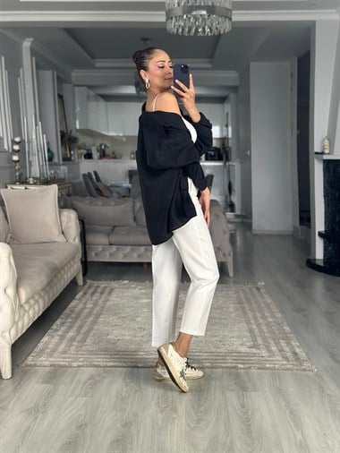 Siyah Düşük Omuzlu Oversize Kadın Gömlek