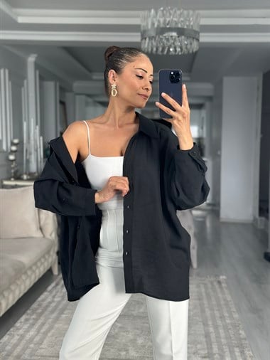Siyah Düşük Omuzlu Oversize Kadın Gömlek