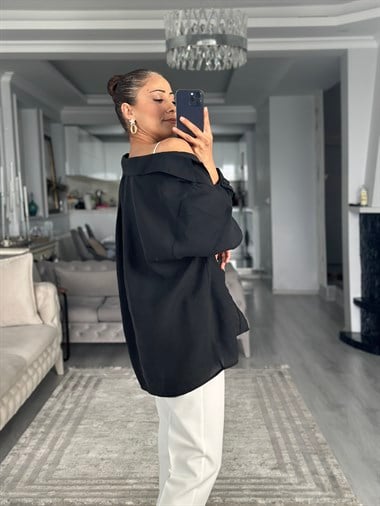 Siyah Düşük Omuzlu Oversize Kadın Gömlek