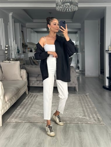 Siyah Düşük Omuzlu Oversize Kadın Gömlek