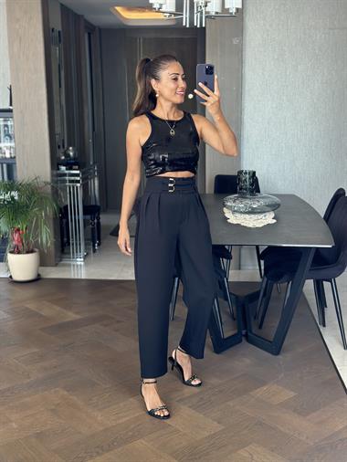 Siyah Ekstra Yüksek Bel Tokalı Marka Model Kadın Pantolon