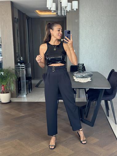 Siyah Ekstra Yüksek Bel Tokalı Marka Model Kadın Pantolon