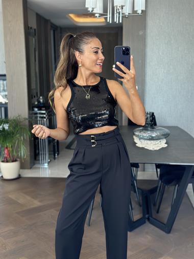 Siyah Ekstra Yüksek Bel Tokalı Marka Model Kadın Pantolon