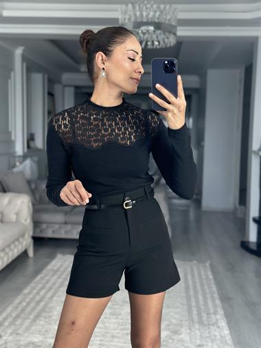 Siyah Elegant Dantel Garnili Uzun Kol Kadın Bluz