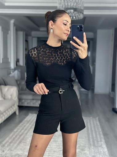 Siyah Elegant Dantel Garnili Uzun Kol Kadın Bluz