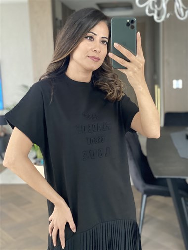 Siyah Eteği Pliseli Çelik Kadın Elbise