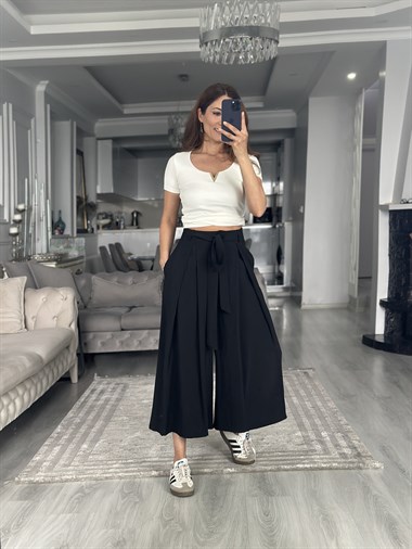 Siyah Etek Görünümlü Pileli Kuşaklı Kadın Pantolon