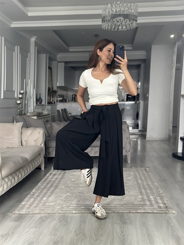 Siyah Etek Görünümlü Pileli Kuşaklı Kadın Pantolon