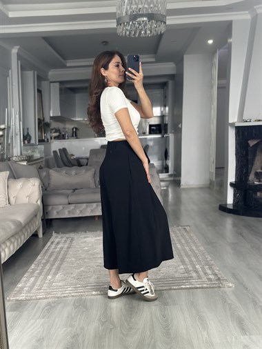 Siyah Etek Görünümlü Pileli Kuşaklı Kadın Pantolon
