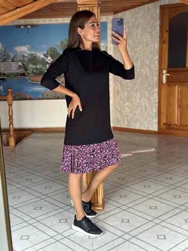 Siyah Etek Ucu Gül Desen Kadın Sweat Elbise