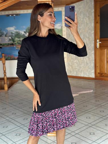 Siyah Etek Ucu Gül Desen Kadın Sweat Elbise