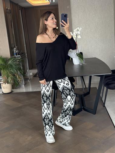 Siyah Etnik Desen Beli Lastikli Bürümcük Kadın Pantolon