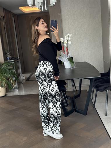 Siyah Etnik Desen Beli Lastikli Bürümcük Kadın Pantolon