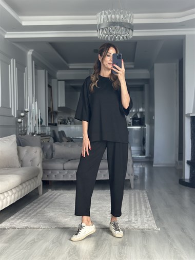Siyah Fakir Kol Yırtmaçlı Oversize Modal Kadın İkili Takım