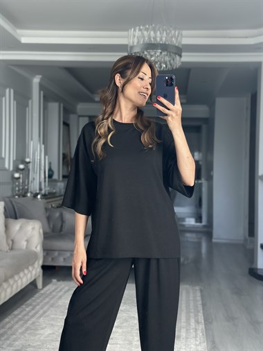 Siyah Fakir Kol Yırtmaçlı Oversize Modal Kadın İkili Takım