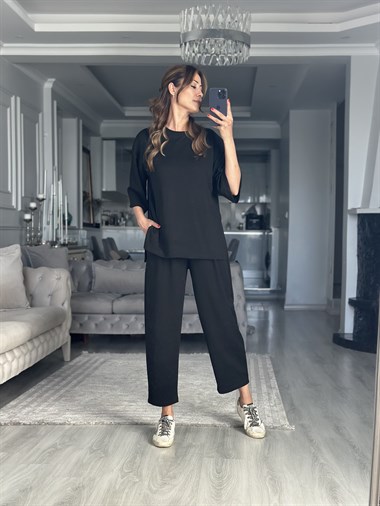 Siyah Fakir Kol Yırtmaçlı Oversize Modal Kadın İkili Takım