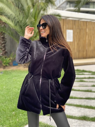 Siyah Fermuarlı Bel Bağcıklı Uzun Kadın Kürk