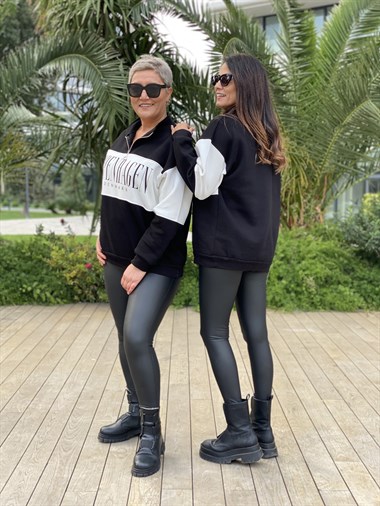 Siyah Fermuarlı Denmark Baskılı İki İplik Kadın Sweatshirt