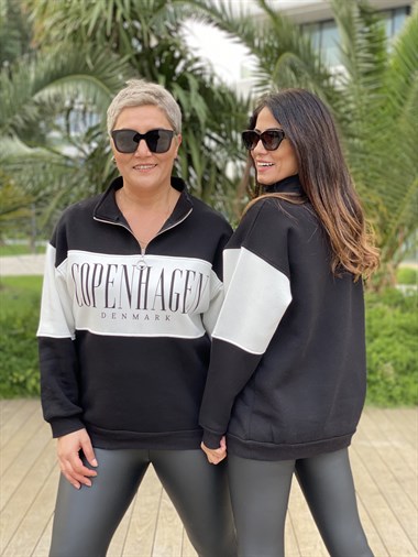 Siyah Fermuarlı Denmark Baskılı İki İplik Kadın Sweatshirt