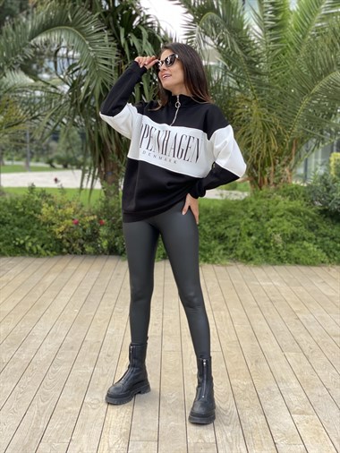 Siyah Fermuarlı Denmark Baskılı İki İplik Kadın Sweatshirt