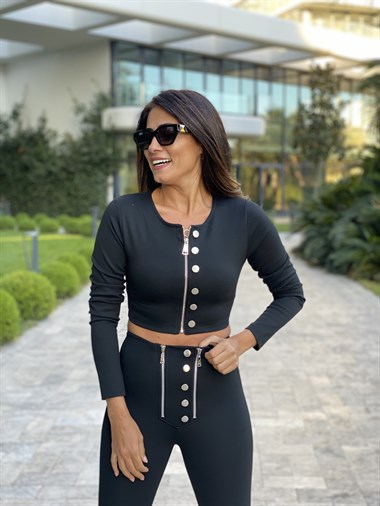 Siyah Fermuarlı Düğmeli Çelik Kadın Crop Ceket