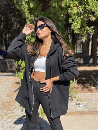 Siyah Oversize Fermuarlı Kapüşonlu İki İplik Kadın Sweatshirt