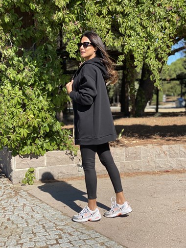 Siyah Oversize Fermuarlı Kapüşonlu İki İplik Kadın Sweatshirt