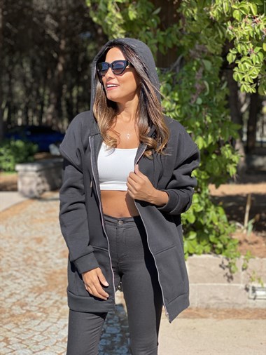 Siyah Oversize Fermuarlı Kapüşonlu İki İplik Kadın Sweatshirt