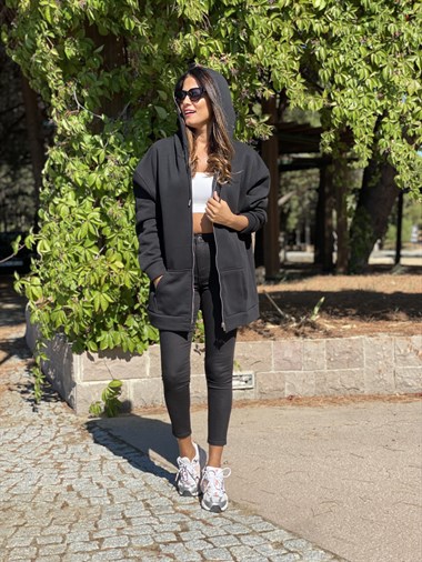Siyah Oversize Fermuarlı Kapüşonlu İki İplik Kadın Sweatshirt