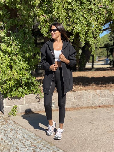 Siyah Oversize Fermuarlı Kapüşonlu İki İplik Kadın Sweatshirt