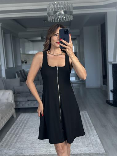 Siyah Fermuarlı Sıfır Kol Ottoman Kumaş Mini Kadın Elbise