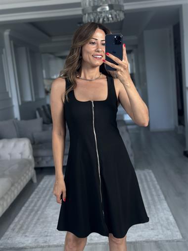 Siyah Fermuarlı Sıfır Kol Ottoman Kumaş Mini Kadın Elbise