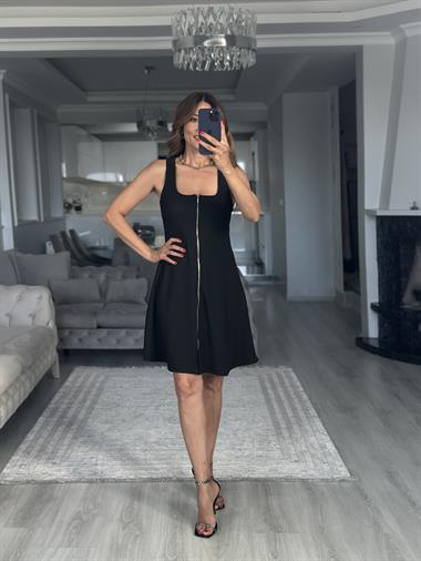 Siyah Fermuarlı Sıfır Kol Ottoman Kumaş Mini Kadın Elbise