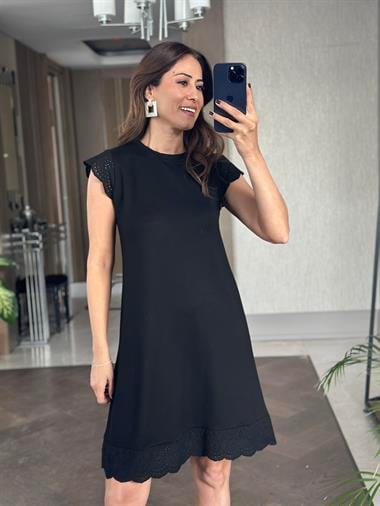 Siyah Fisto Detay Bisiklet Yaka Örme Kadın Mini Elbise 