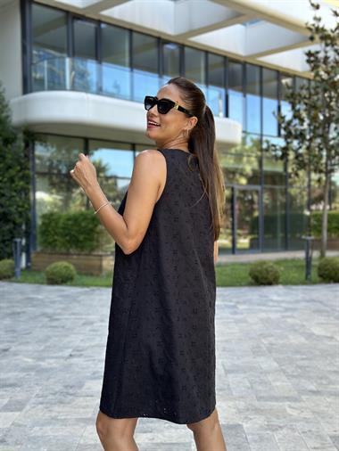Siyah Fisto Keten Sıfır Kol Çan Kadın Mini Elbise