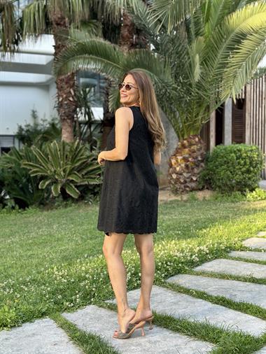 Siyah Fisto Ön Yakası Düğme Detay Kadın Çan Elbise