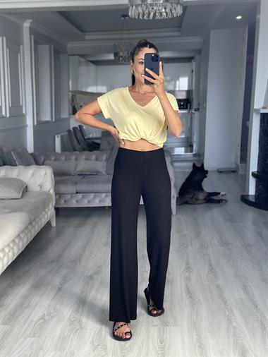 Siyah Fitilli Beli Lastikli Basic Kadın Pantolon