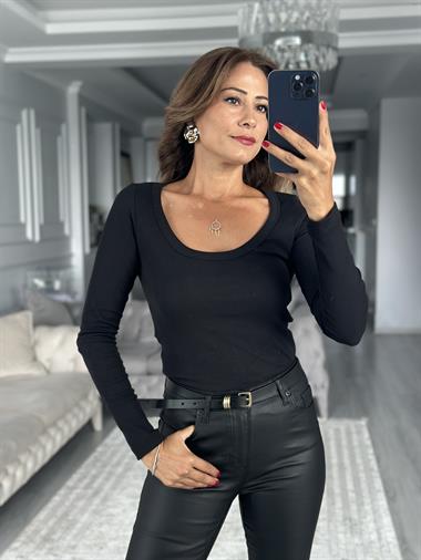 Siyah Fitilli Kaşkorse Uzun Kol U Yaka Kadın Body