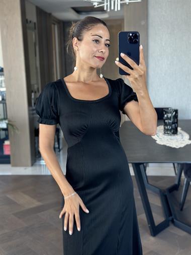 Siyah Fitilli Örme Kumaş Prenses Kol Yırtmaçlı Kadın Elbise