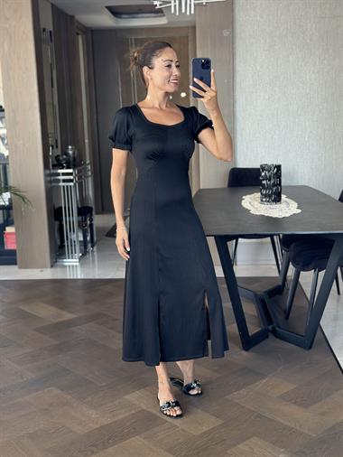 Siyah Fitilli Örme Kumaş Prenses Kol Yırtmaçlı Kadın Elbise