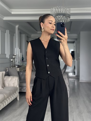 Siyah Full Likralı Düğmeli Kadın Yelek
