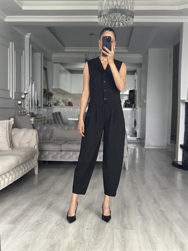 Siyah Modern Kesim Likralı Düğmeli Kadın Yelek