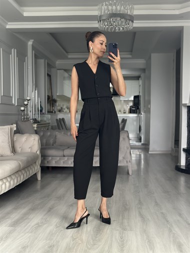 Siyah Modern Kesim Likralı Düğmeli Kadın Yelek