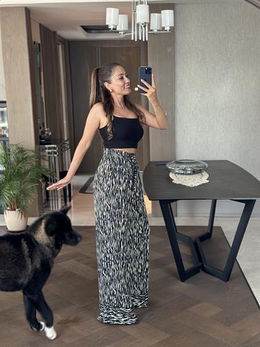 Siyah Füme Desenli Beli Lastikli Cepli Kadın Palazzo  Pantolon