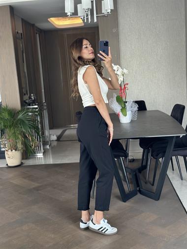 Siyah Gabardin Beli Lastikli Ve Bağcıklı Cepli Kadın Pantolon