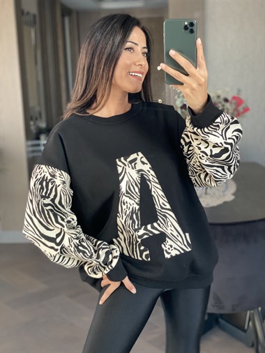 Siyah Gabardin Garnili Bisiklet Yaka Kadın Sweatshirt