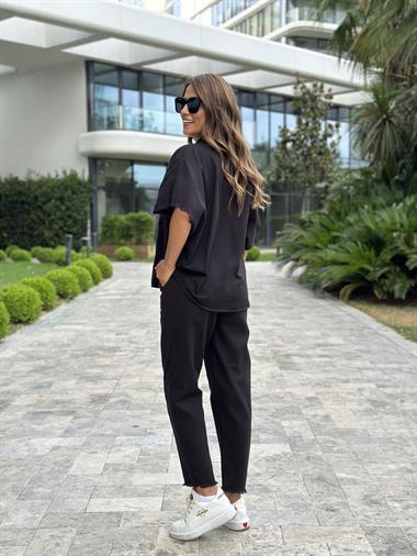 Siyah Gabardin Kısa Kol Gömlek Pantolon Kadın İkili Takım