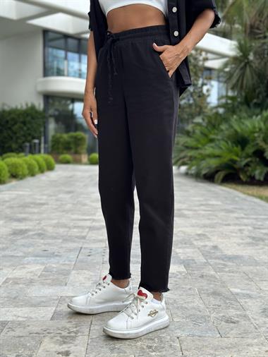 Siyah Gabardin Kısa Kol Gömlek Pantolon Kadın İkili Takım